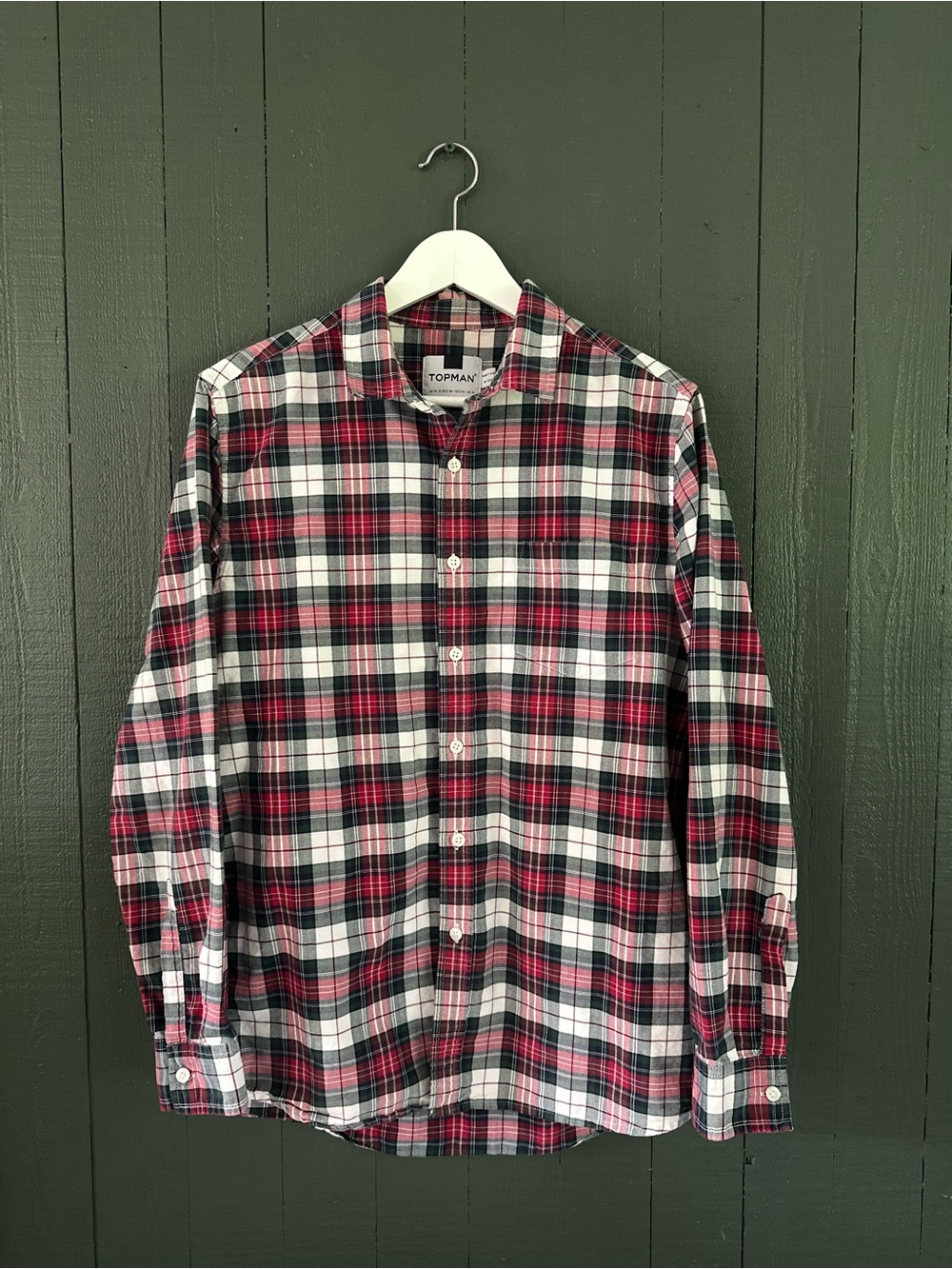 Topman Red, Green, & White Plaid Button-Down Shirt